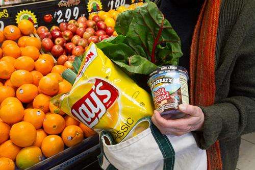 When food shoppers bring their own sacks, purchases are both more and less healthy