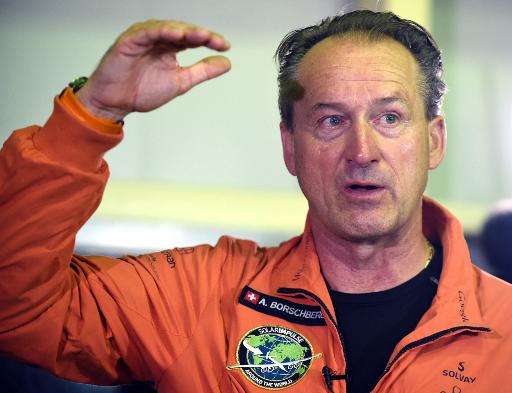 Andre Borschberg, a pilot of Solar Impulse 2 speaks to journalists prior to boarding his plane at the Nagoya airport in Japan on