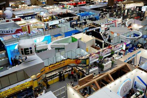 An overview of the booths at the World Trade Center, during the Computex tech show in Taipei, in June 2014