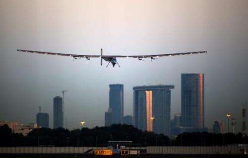 Bertrand Piccard, one of the two Swiss pilots of the solar-powered plane Solar Impulse 2, lands at the Emirati capital Abu Dhabi