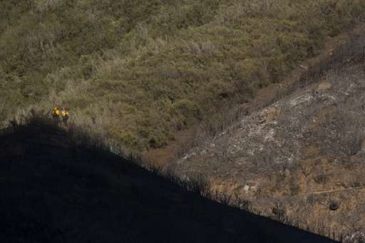 Firefighters stand on a ridge at the division of burned and unburned vegetation in the Angeles National Forest on August 15, 201