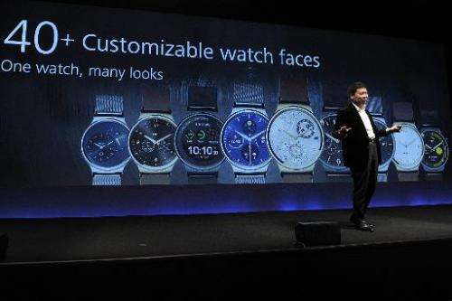 Huawei's Consumer Business Group Chief Executive Officer (CEO) Richard Yu presents his company's new device &quot;Huawei Watch&q