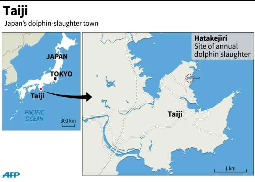 Map of Japan locating the town of Taiji where daolphins are hunted every year