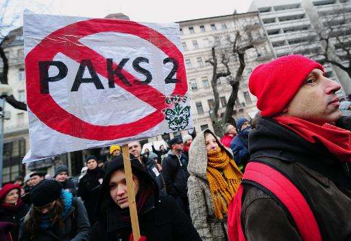 People protest against the government's plan to expand the country's nuclear power plant Paks on February 1, 2014 in Budapest