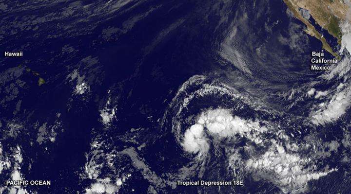 Satellite spots new depression exactly between Baja California and Hawaii