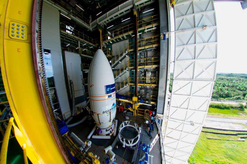 Sentinel-2A in position at Europe’s Spaceport in Kourou, French Guiana
