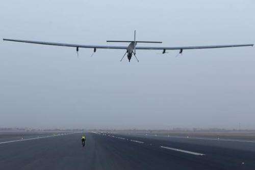 Solar Impulse 2 takes off from Muscat airport in Oman early on March 10, 2015, as it heads to Ahmedabad in India