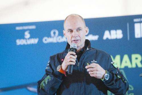 Swiss pilot Bertrand Piccard of Solar Impulse 2 speaks during a press conference at Mandalay international airport, Myanmar, on 