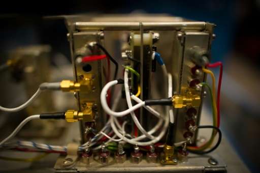 The interior of a 1970s-vintage &quot;atomic clock&quot; designed to work in space, photographed April 10 2013  at the Smithsoni