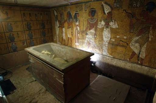 The sarcophagus of King Tutankhamun, known as the 'Child Pharaoh' remains empty in its burial chamber after the mummy was placed