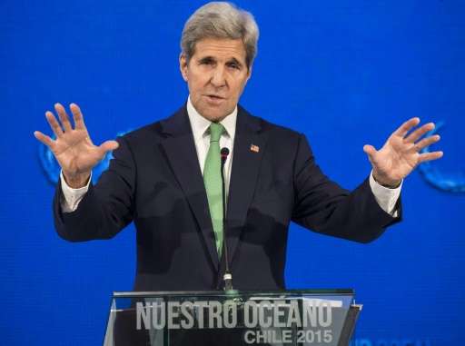 US Secretary of State John Kerry delivers a speech at the &quot;Our Ocean&quot; meeting in Vina del Mar, Chile, October 5, 2015