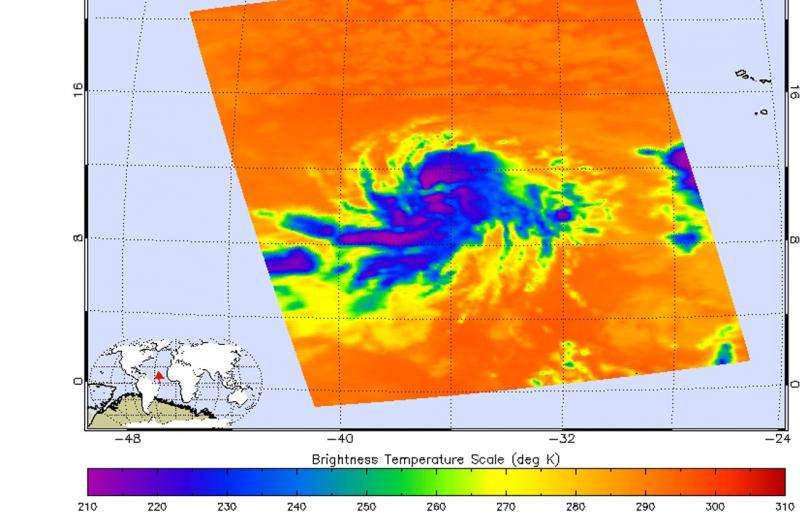 NASA's Aqua Satellite takes Tropical Storm Danny's temperature
