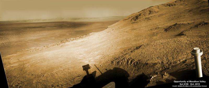 Opportunity rover driving between ‘lily pads’ in search of Martian sun and science