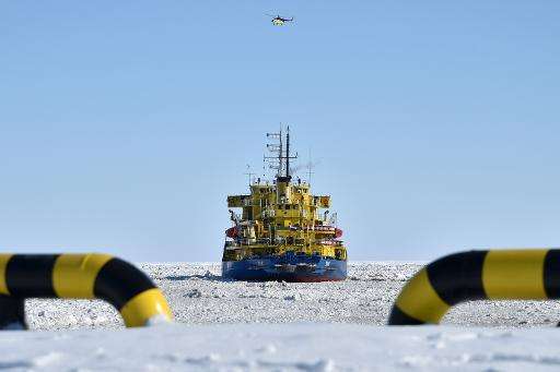 A picture taken on April 16, 2015 shows the icebreaker Tor at the port of Sabetta in the Kara Sea off the Yamal Peninsula in the