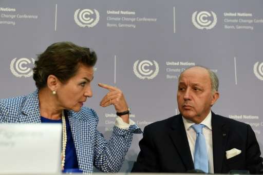 Christiana Figueres (L), Executive Secretary of the UN Framework Convention on Climate Change, and French Foreign Minister Laure