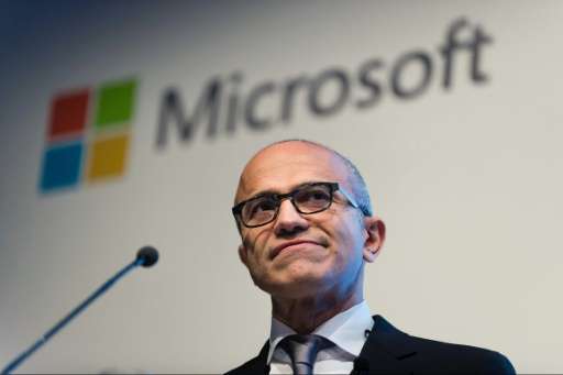 Microsoft CEO Satya Nadella speaking at the company's German headquarters in Berlin on November 11, 2015