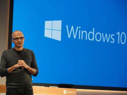 Microsoft chief executive Satya Nadella touts Windows 10 and HoloLens capabilities at a press event in Redmond, Washington on Ja