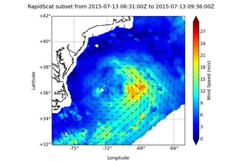 NASA's RapidScat measures winds of Atlantic Tropical Storm Claudette