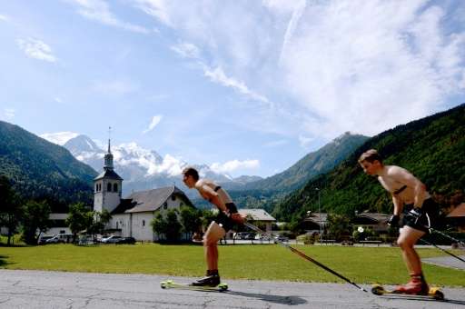 Norwegian athletes roller ski in Passy, France on July 23, 2015, before undergoing medical examinations for a research study