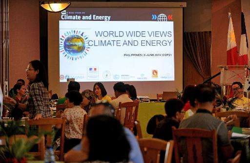 Participants attend a climate debate forum titled &quot;World Wide Views on Climate and Energy&quot; in Manila on June 6, 2015