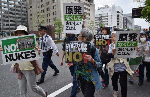 People protest Japan's nuclear energy policy in Tokyo on April 25, 2015