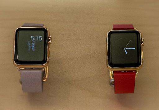 The Apple watch Edition, made of 18-karat gold, is displayed in Washington, DC on April 10, 2015
