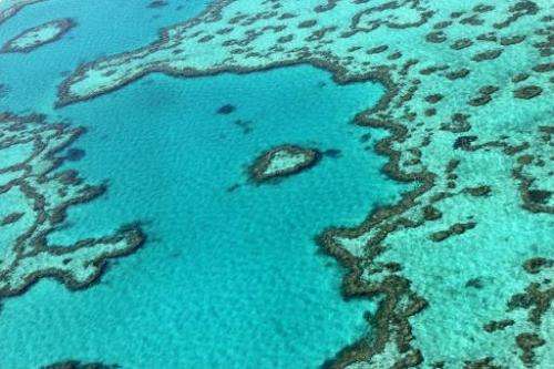 An aerial view of the Great Barrier Reef off the coast of the Whitsunday Islands, along the central coast of Queensland, Austral