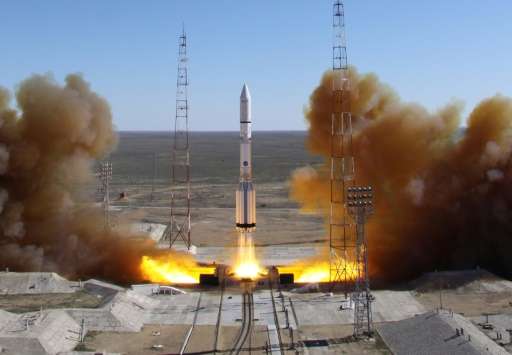 A Russian-built Proton rocket blasts off from a launch pad in the leased Kazakhstan's Baikonur cosmodrome on April 28, 2014