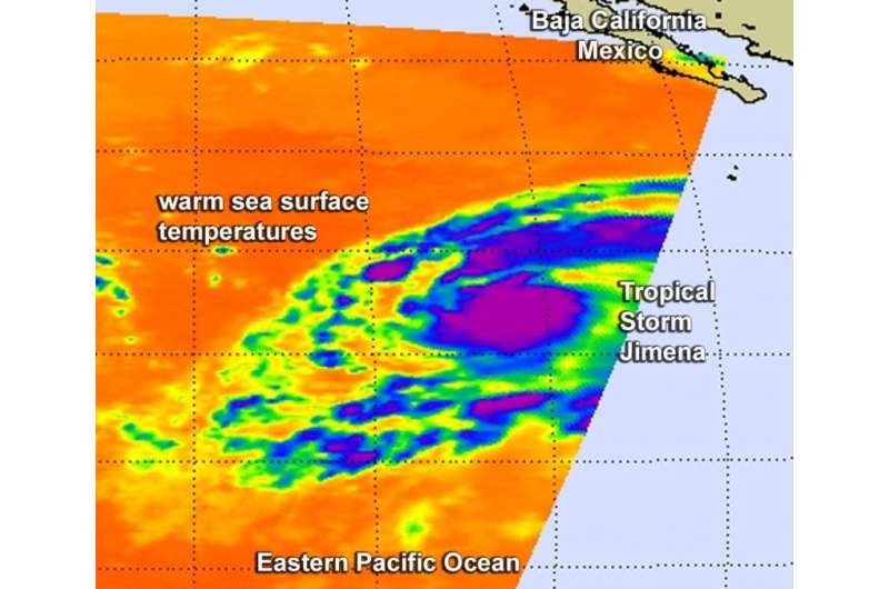Two satellites see newborn Tropical Storm Jimena consolidating