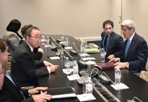 US Secretary of State John Kerry (right) meets with United Nations Secretary General Ban Ki-moon (2nd left) on the sidelines of 