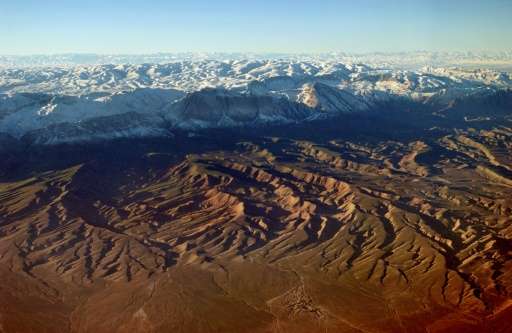Aerial view of mountains in the southern part of Tajikistan, close to the Afghan border, taken January 28, 2002 during a mission