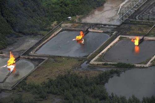 File picture shows gas flares at the Shell Cawtharine Channel, Nembe Creek in the Niger Delta