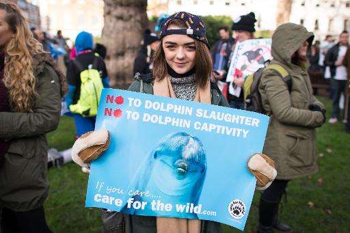Game of Thrones actress Maisie Williams takes part in a march in London in January 2015, against the annual slaughter of dolphin