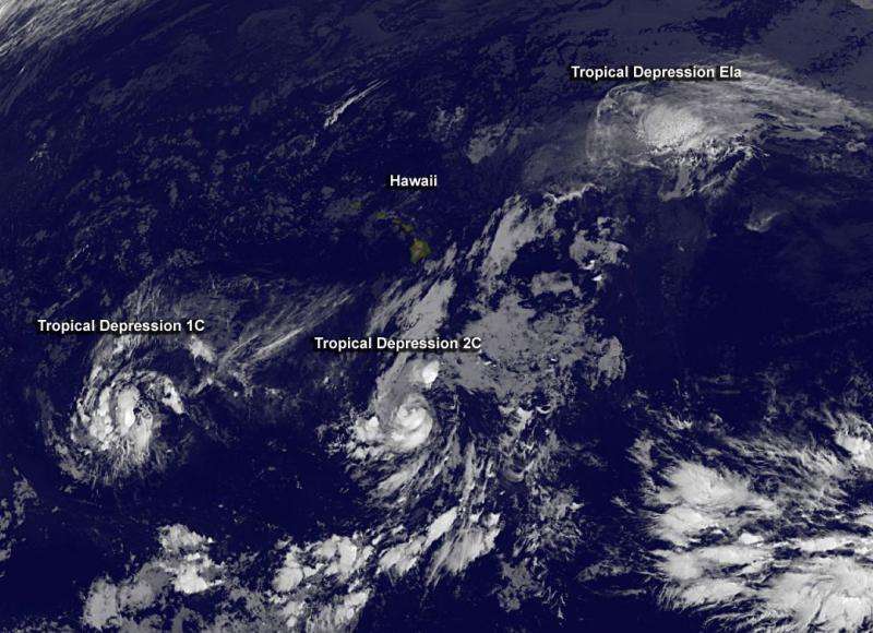 Satellite shows Post-Tropical Depression Ela northeast of Hawaii