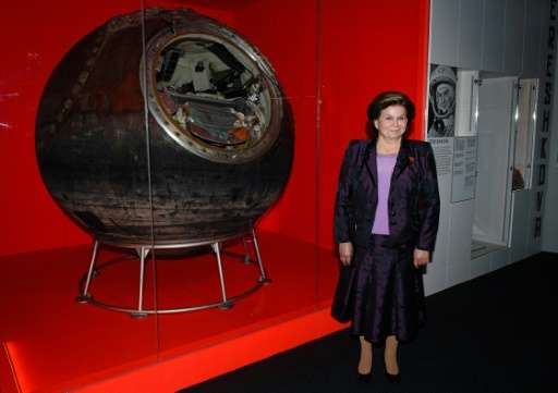 Soviet cosmonaut Valentina Tereshkova poses with the Vostok 6 capsule in London, on September 17, 2015
