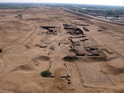 Aerial view of the site where a French archeological mission revealed the walls of a sacred lake in the area of Saan el-Hagar, 7