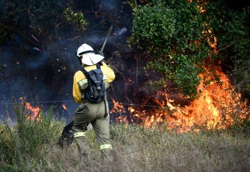 A firefighter tackles a blaze in an area affected by wildfires near the northern Spanish Basque town of Berango on December 28, 