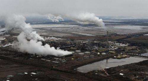 An aerial view of an oil sands extraction facility near the town of Fort McMurray in Alberta Province, Canada, October 23, 2009
