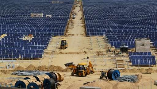 Construction takes place at Roha Dyechem solar plant in Bhadla, some 225 km north of Jodhpur, in the western Indian state of Raj