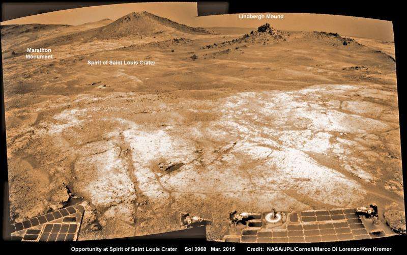 Opportunity rover prospecting for water-altered minerals at crater rim in Marathon Valley
