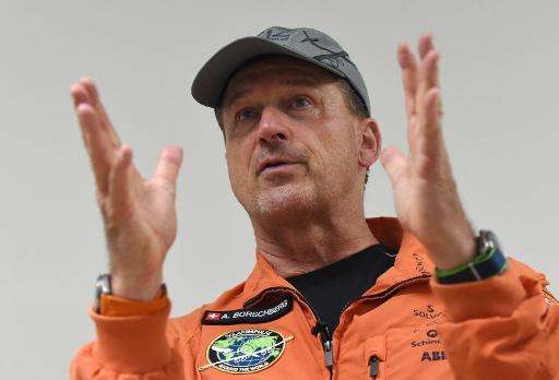 Solar-powered airplane, Solar Impulse 2, pilot Andre Borschberg speaks to journalists after landing at the Nagoya airport, on Ju