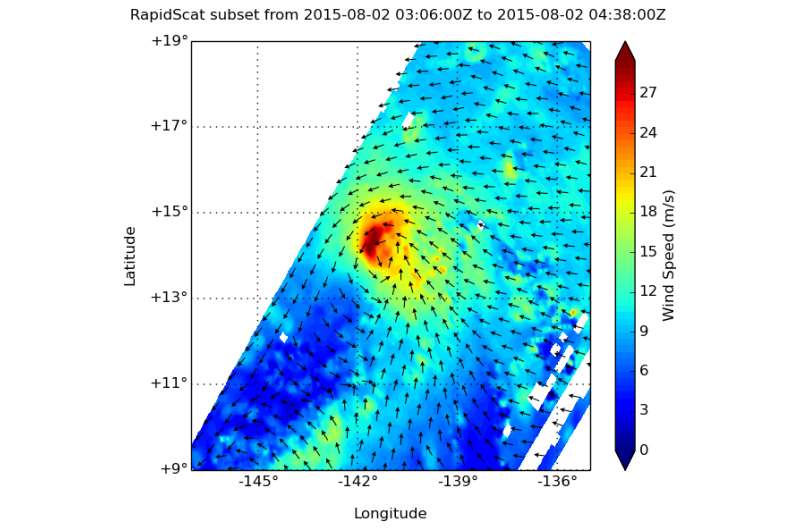NASA's RapidScat sees Hurricane Guillermo's strongest winds on western side