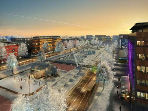 An artist's impression of Helsinki's Hameenlinnanvayla motorway in wintertime with a large part of the car traffic gone