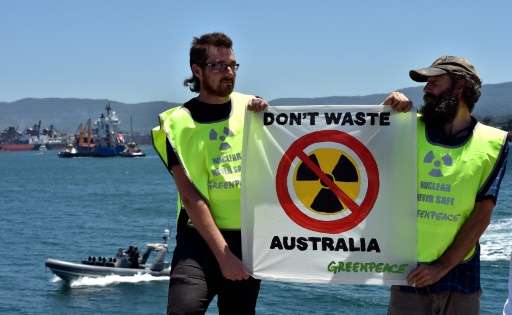 Greenpeace activists protest as a ship transporting reprocessed nuclear waste arrives at Port Kembla in New South Wales on Decem