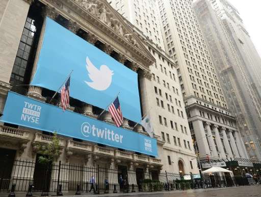 A banner with the Twitter logo on the front of the New York Stock Exchange on November 7, 2013