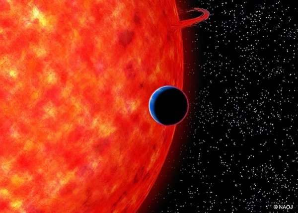 A Blue, Neptune-Size Exoplanet Around a Red Dwarf Star