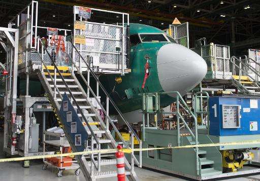 A Boeing 737 under construction at Boeing's factory in Renton, Washington, on May 19, 2015