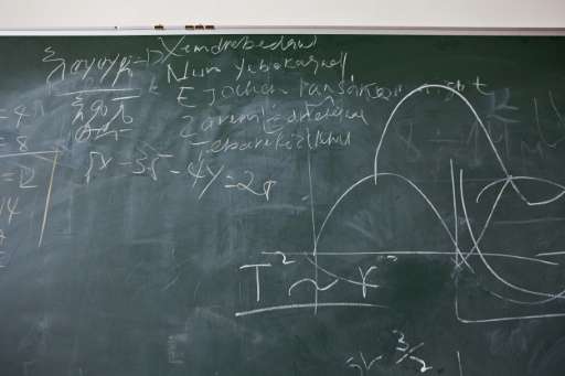 A chalkboard with mathematic equations as well as writing in Amharic, the Ethiopian national language, is seen inside the Entoto
