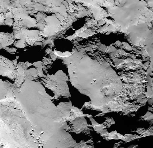 A close-up image of the most active pit, known as Seth 01, observed on the surface of the comet 67P/Churyumov-Gerasimenko by the