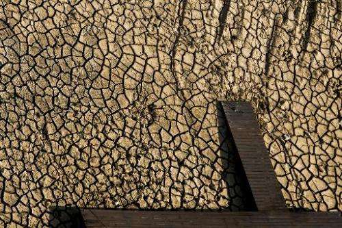 Aerial view of dry soil on the banks of the Atibainha river, in Nazare Paulista, during a drought affecting Sao Paulo state, Bra